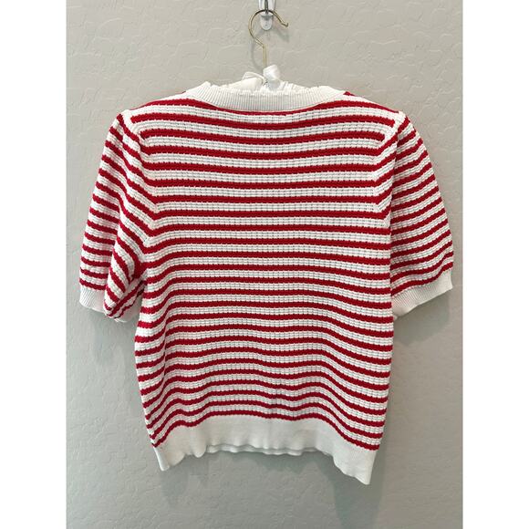 DRAPER JAMES | Red White Puff Sleeve Striped Knit Sweater Top | XL - Picture 5 of 8